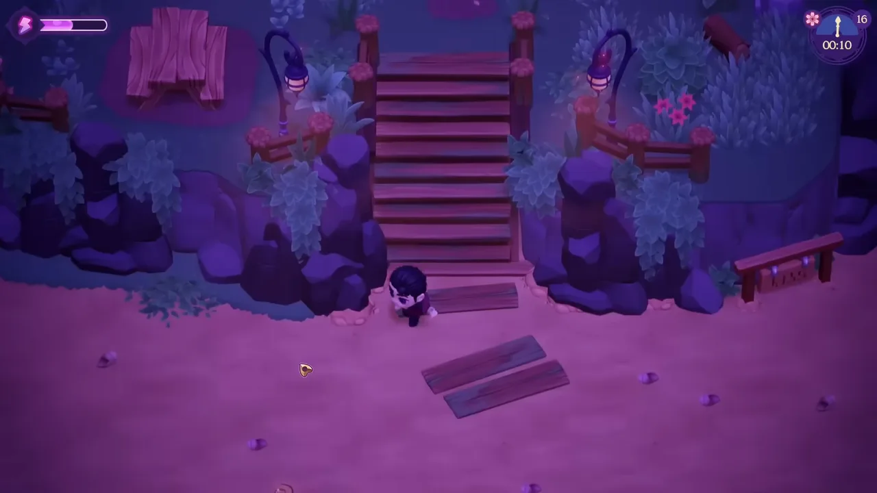 Ein schattiger Steingang und eine Treppe, die hinunter in die Katakomben der Moonlight Peaks führen.