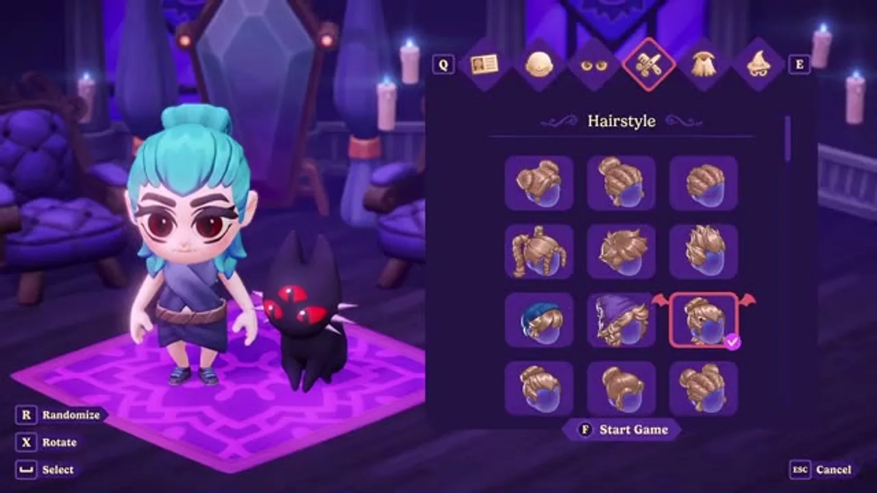 Das Frisurenauswahlraster im Charakterersteller, mit dem Chibi-Vampir und Hellkitten auf der Vorschauplattform.