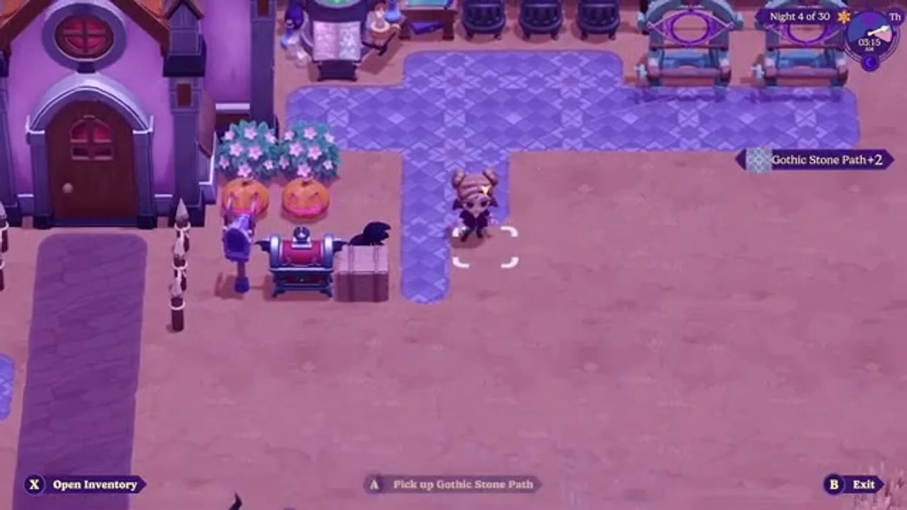 Platzierung eines „Gothic Stone Path“ auf dem Gehöftgelände in Moonlight Peaks.