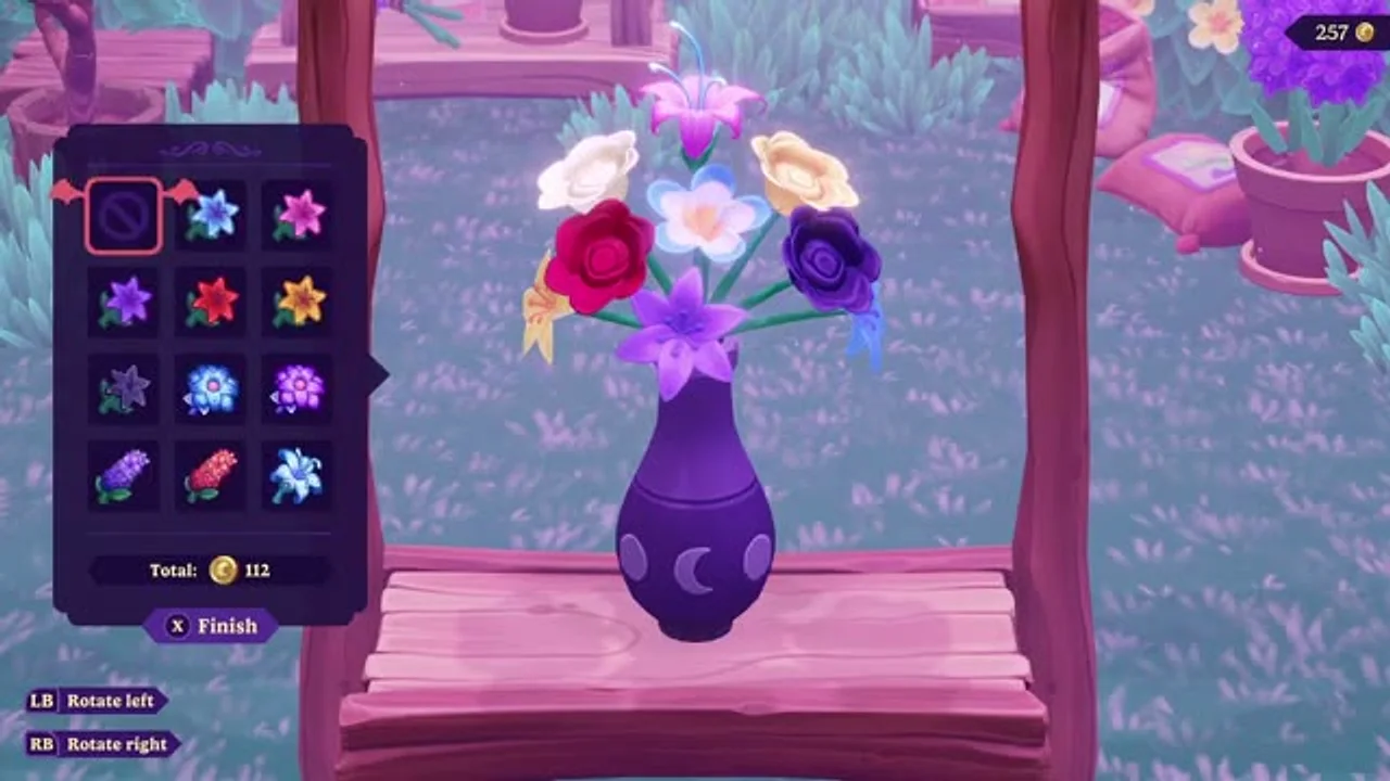 Zusammenstellen eines Blumenstraußes aus einer Palette von Blumen, mit laufender Münzsumme und Drehsteuerung.