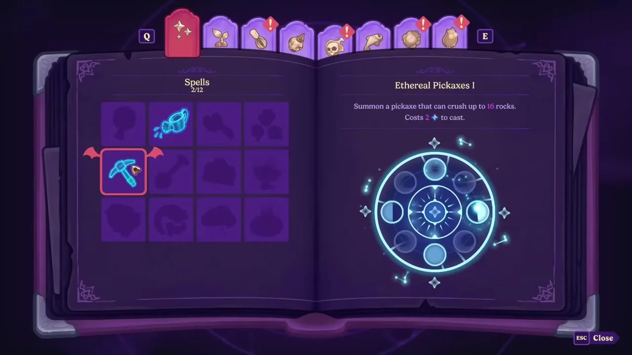 Das Zauberbuch im Spiel in Moonlight Peaks, offen für „Ätherische Spitzhacken I“ – zeigt den Runenkreis des Zaubers, seine Manakosten und seine Effektbeschreibung.