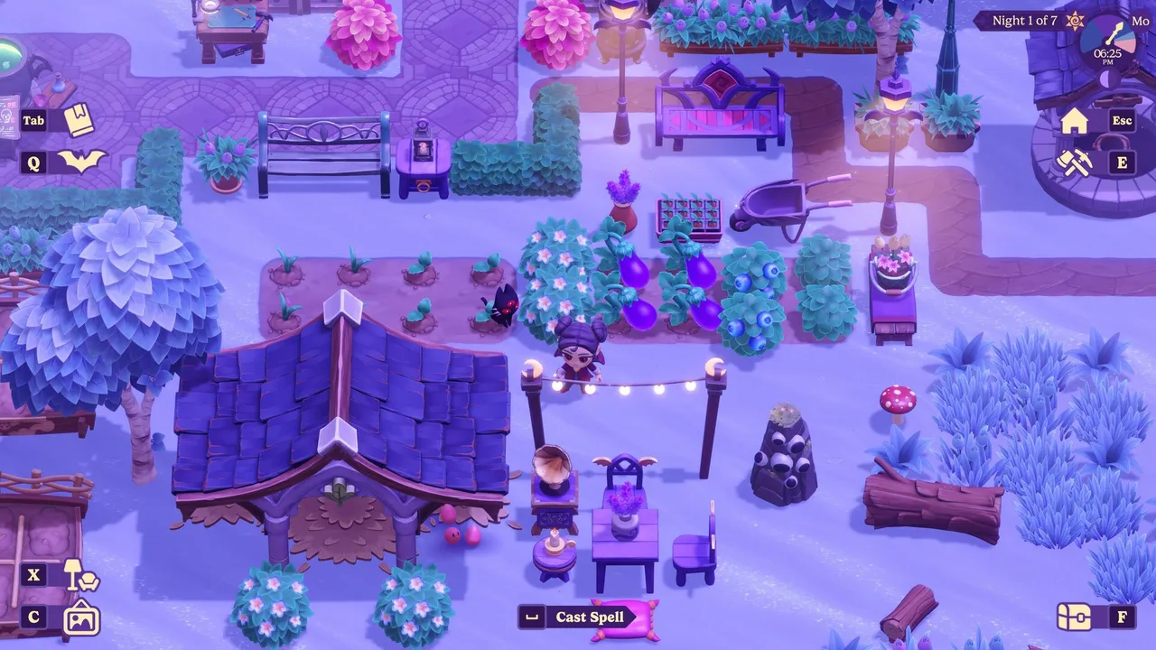 Moonlight Peaks läuft bei Nacht – eine 2D-Top-Down-Vampirfarmsimulation, die sich gut für Handheld-Spiele eignet.