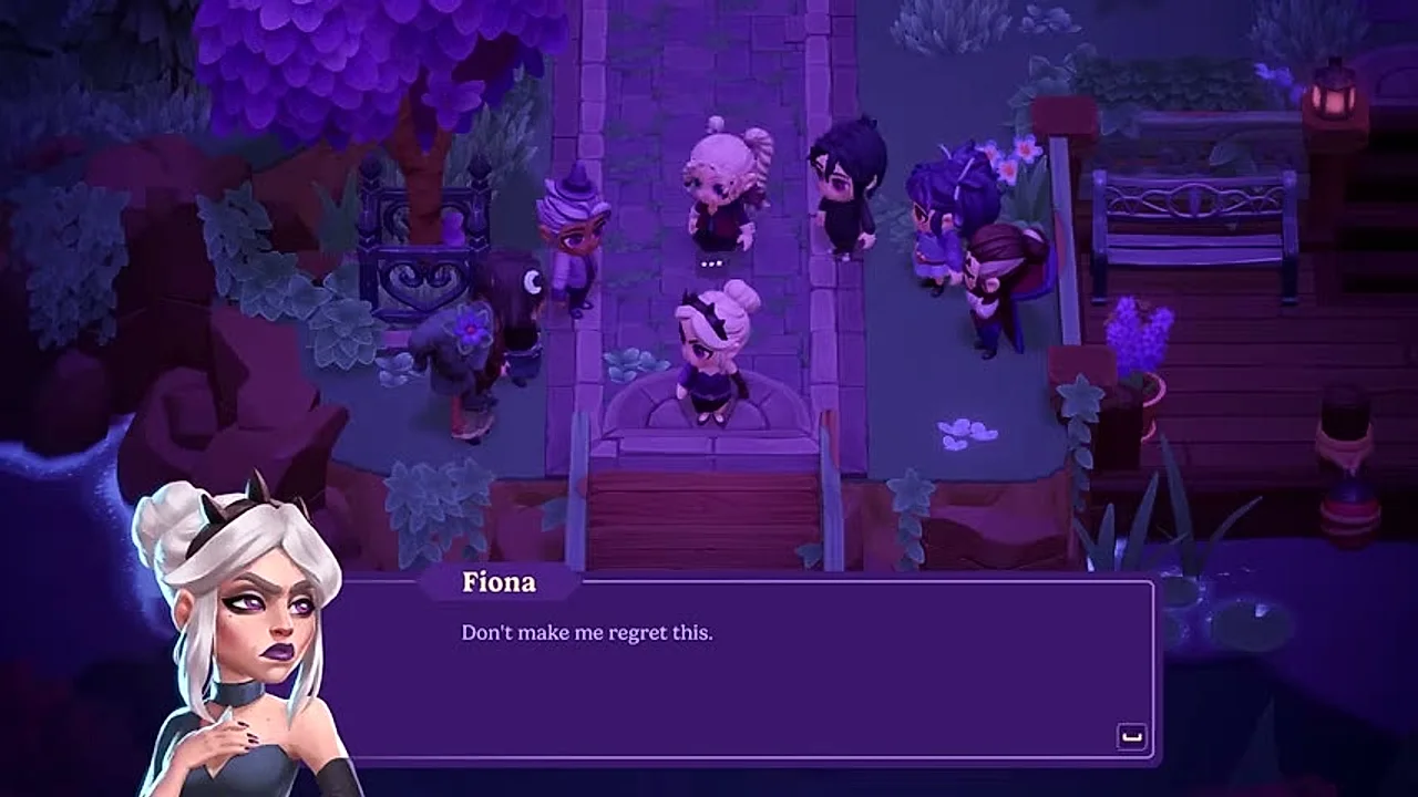 Fiona und die Bewohner versammeln sich an der verfluchten Brücke, um den Fluch während der Quest „Eine Brücke zu weit“ in Moonlight Peaks aufzuheben.