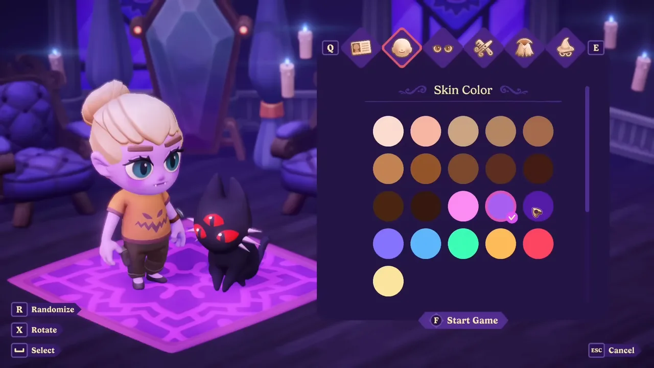 Der Charakterersteller von Moonlight Peaks zeigt einen Chibi-Vampir und ein dreiäugiges Höllenkätzchen.