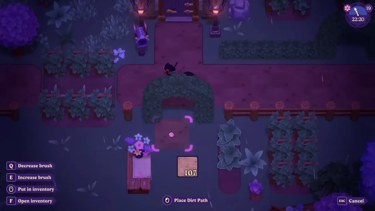 Platzieren eines Pfads im Top-Down-Dekorationsmodus von Moonlight Peaks, wobei die Steuerelemente für die Pinselgröße auf dem Bildschirm angezeigt werden.