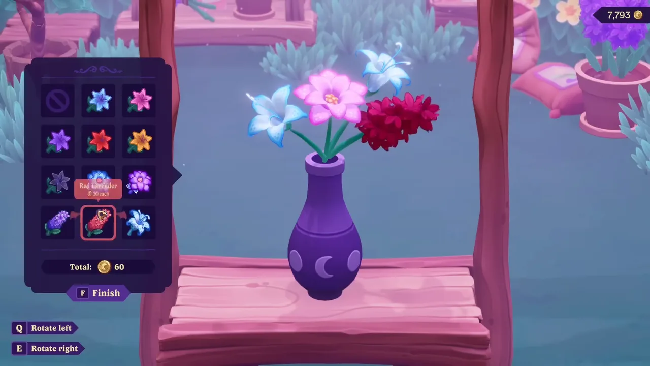 Das Blumenarrangement-Minispiel in Moonlight Peaks, bei dem aus einer Palette von Blumen ein individueller Blumenstrauß in einer Vase zusammengestellt wird.