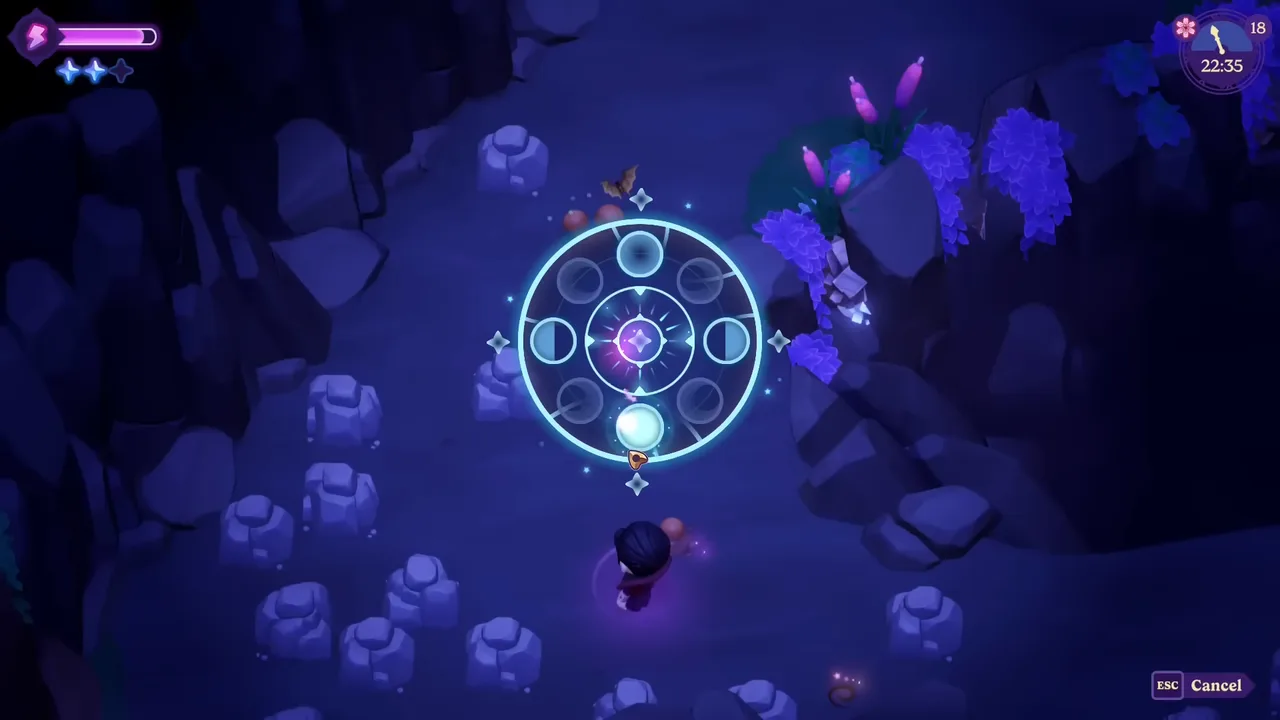 Wirken eines Zaubers in Moonlight Peaks über ein leuchtendes Runen-Minispiel – Magie ersetzt Stardews Grind.