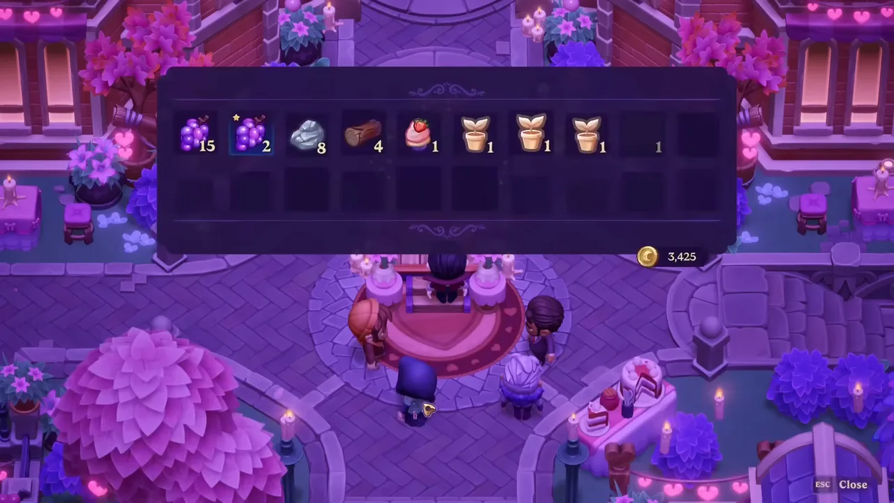 Eine Café-Terrasse in Moonlight Peaks bei Nacht, mit übernatürlichen Bewohnern, die sich unter Laternen um Tische versammelt haben.